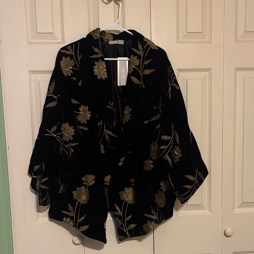 Chico's Elegant Black Jacket with Gold Floral Design